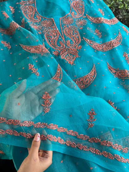 Peacock Blue Noor Organza Silk Chikankari Unstitched Kurta Dupatta Set