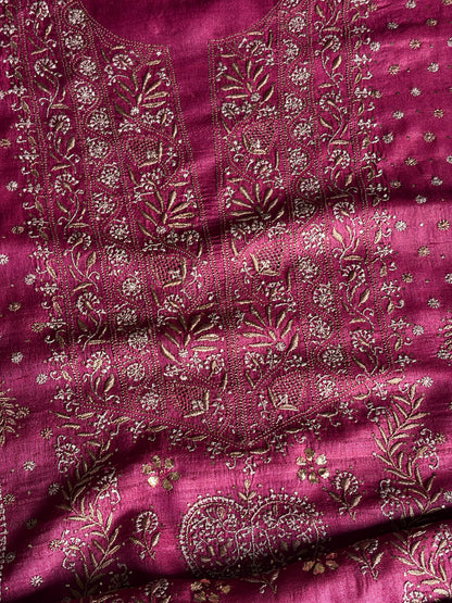 Plum Shade Roheen Tussar Silk Chikankari Fabric