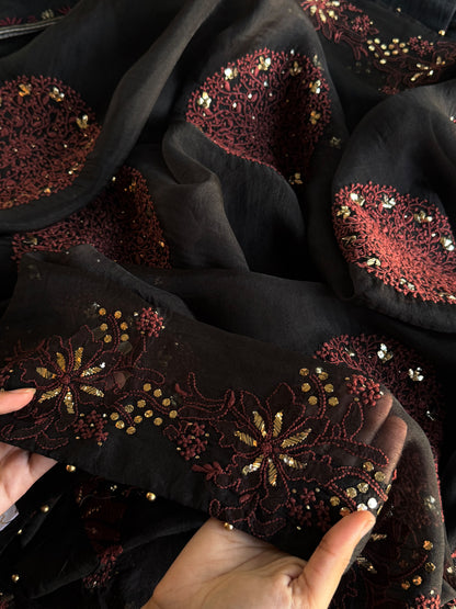 Black & Rust Red Shade Coral Motif Fine Chikankari Organza Mukaish Dupatta
