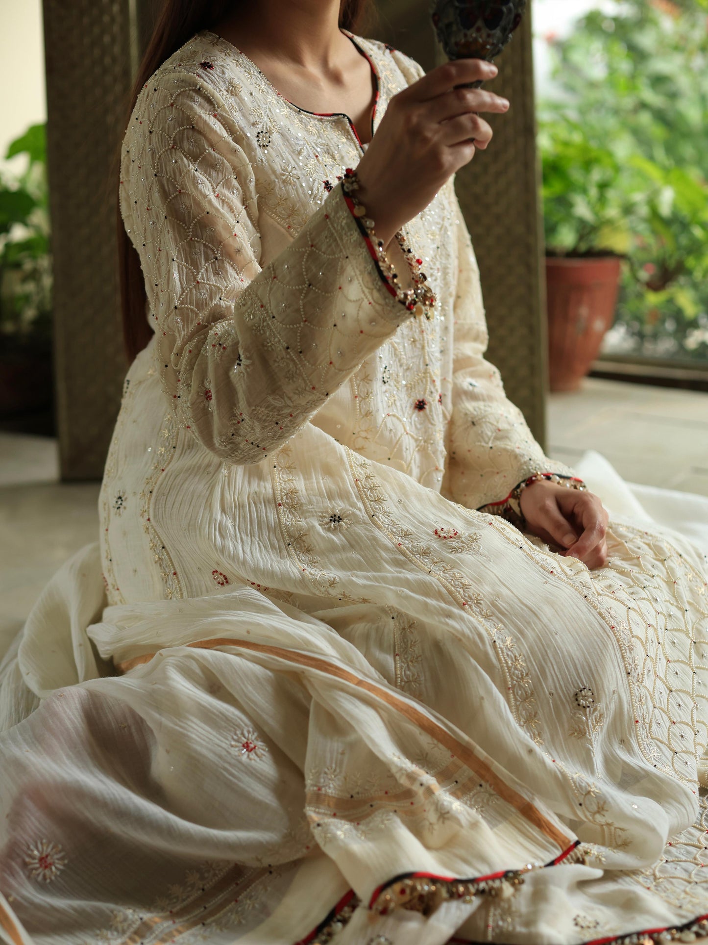 Off White Shade Malmal Pearl Work Chikankari A Line Kalidar Kurta With Dupatta