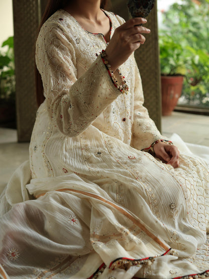 Off White Shade Malmal Pearl Work Chikankari A Line Kalidar Kurta With Dupatta