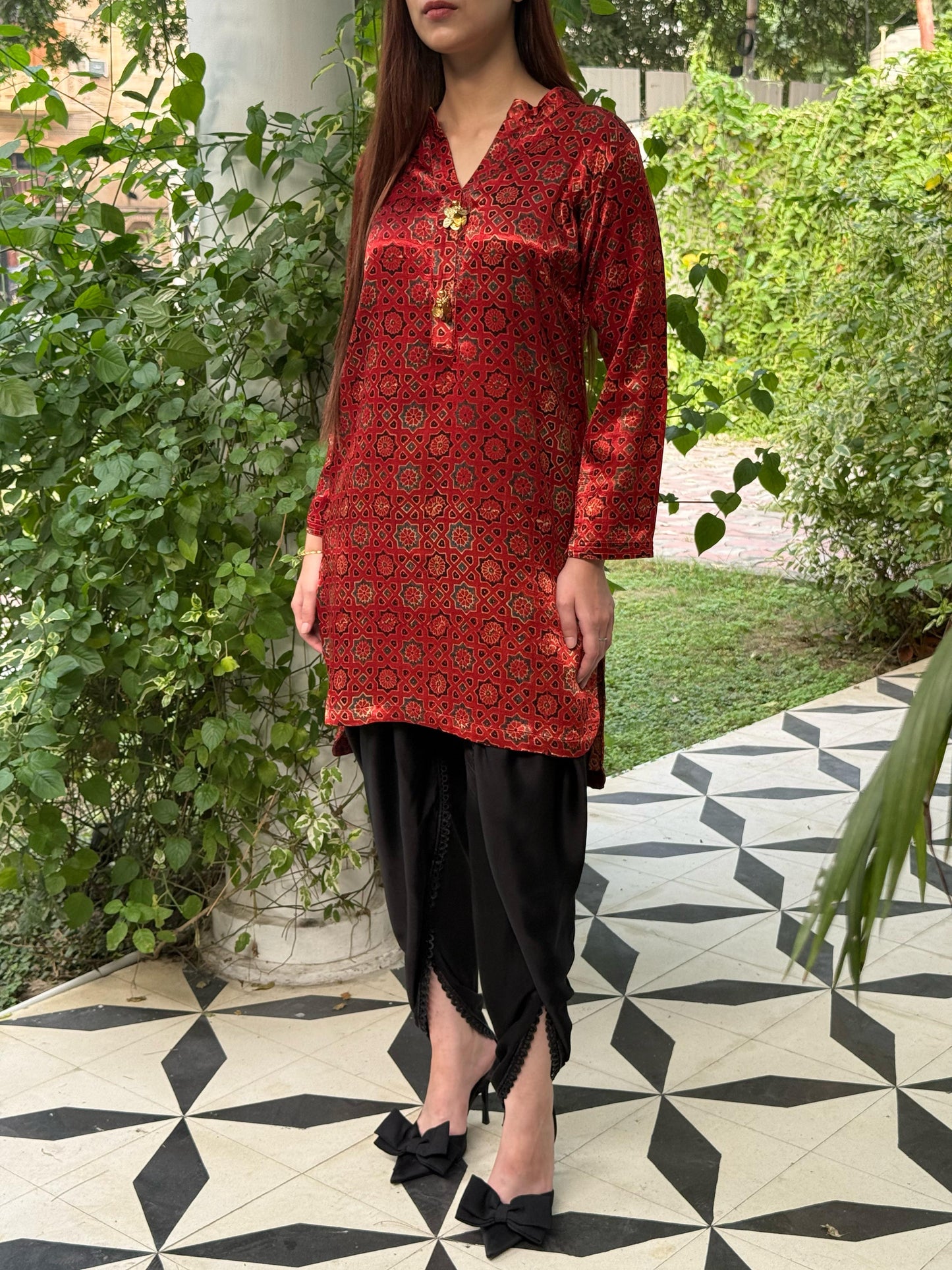 Ajrak Brick Red Shade Mashru Silk, Short Kurta