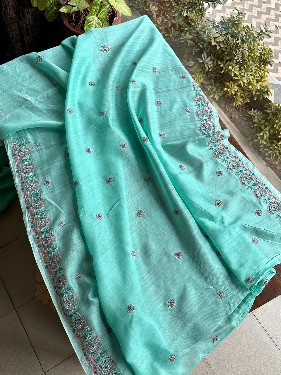 Aqua Green Shade Chanderi Chikankari Saree