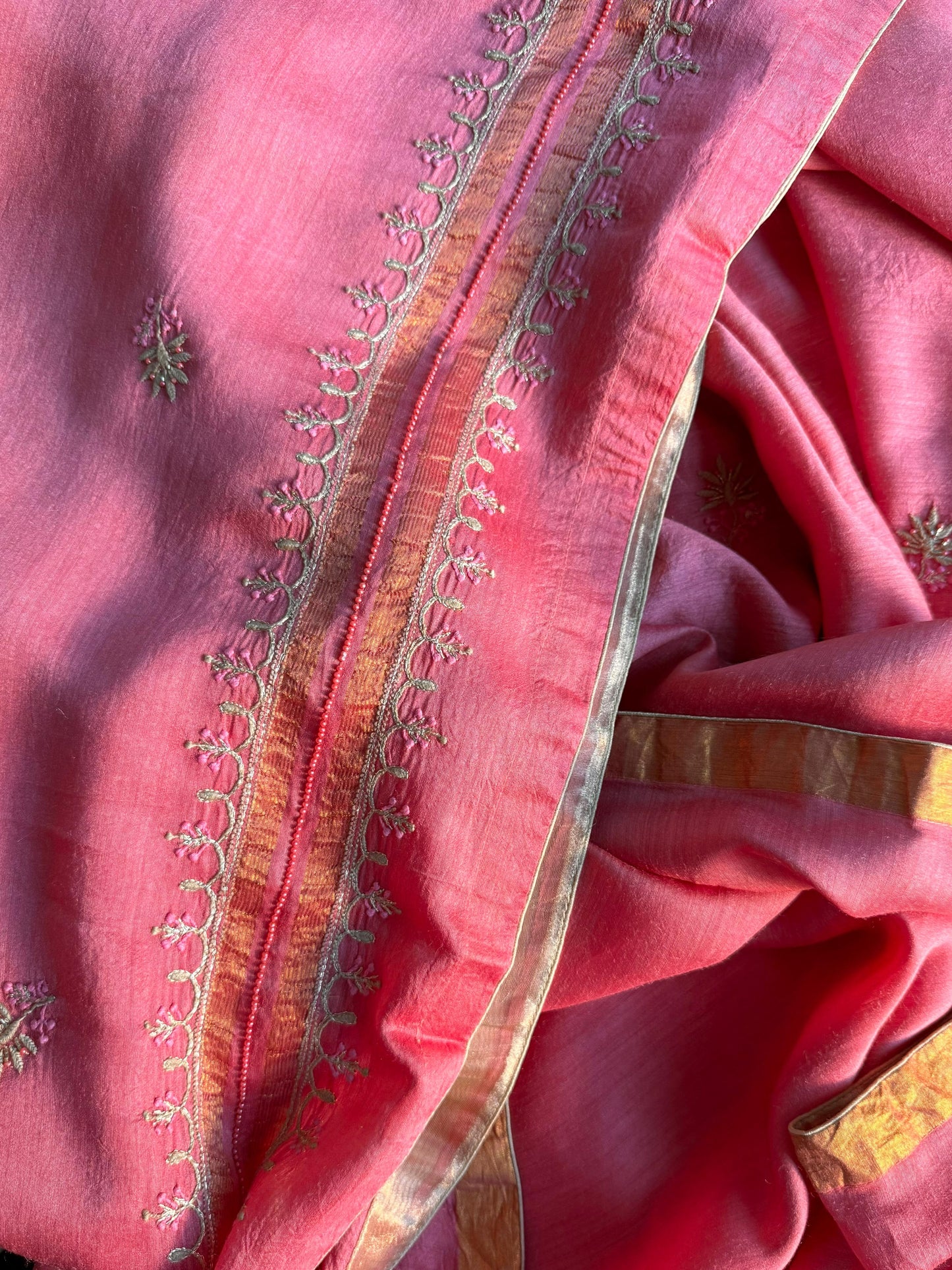 Pink Moonga Silk Chikankari Unstitched Fabric