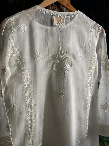 White Floral Kota Chikankari Ready To Wear Straight Kurta With Slip