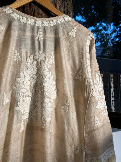 Natural Tussar Silk Chikankari Ready to Wear Straight Kurta