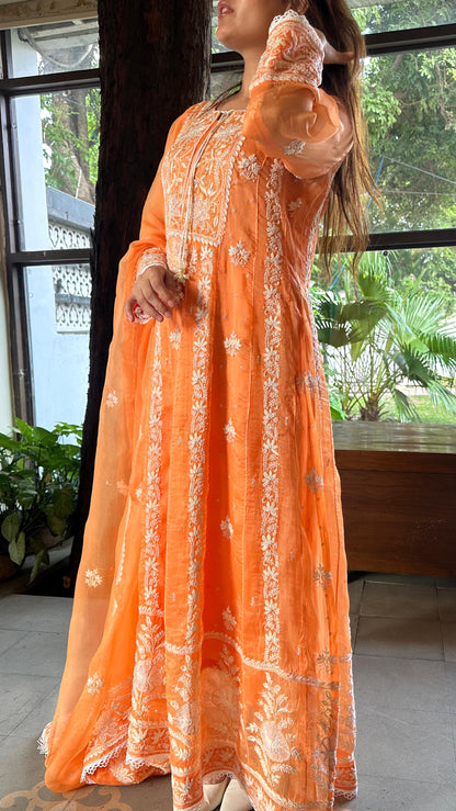 Orange Noor Organza Chikankari Anarkali Kurta With Dupatta