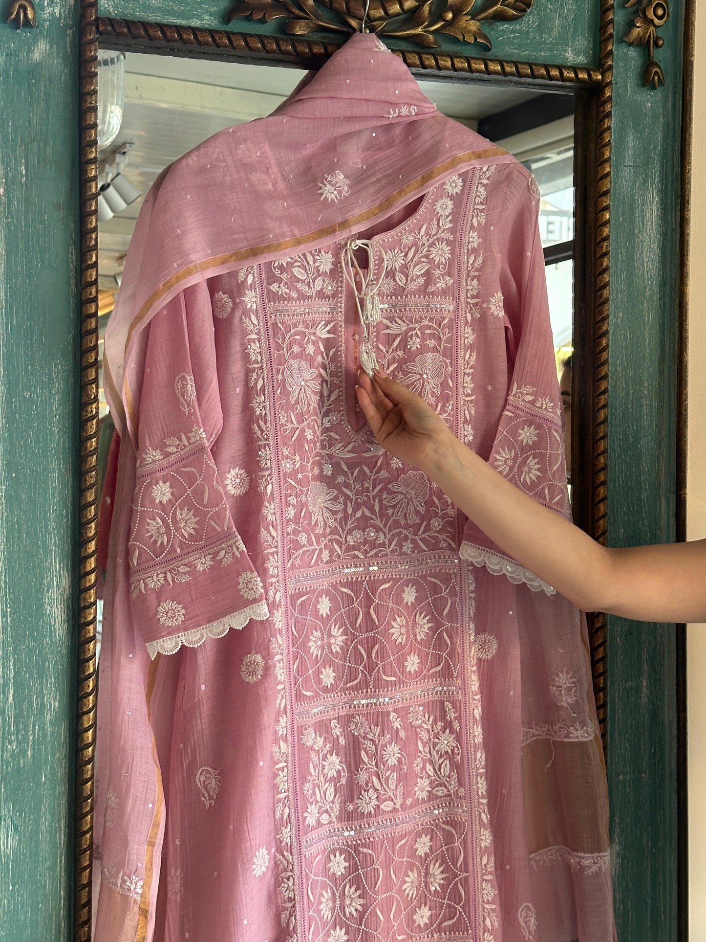 Pastel Pink Shade Malmal Pearl Work Chikankari Kurta With Dupatta
