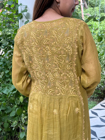 Fern Green Tissue Silk Chikankari Kalidar Kurta Dupatta Set