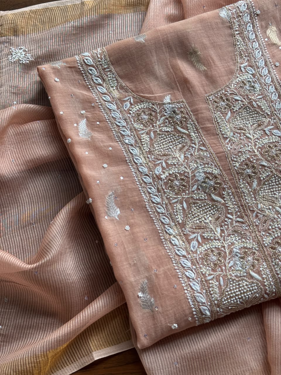 Almond Peach Shade Banarasi Zari Chanderi Unstitched Chikankari Fabric