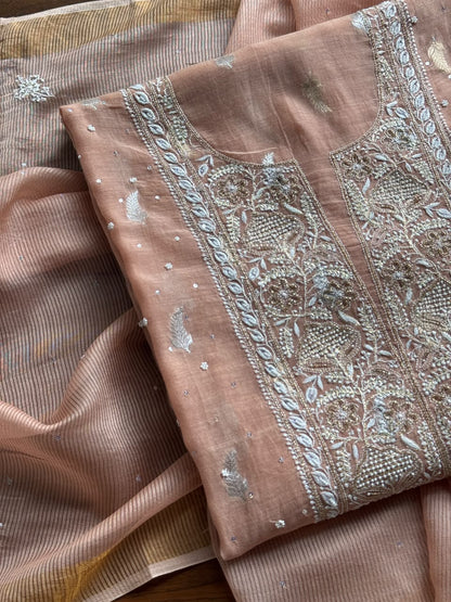 Almond Peach Shade Banarasi Zari Chanderi Unstitched Chikankari Fabric