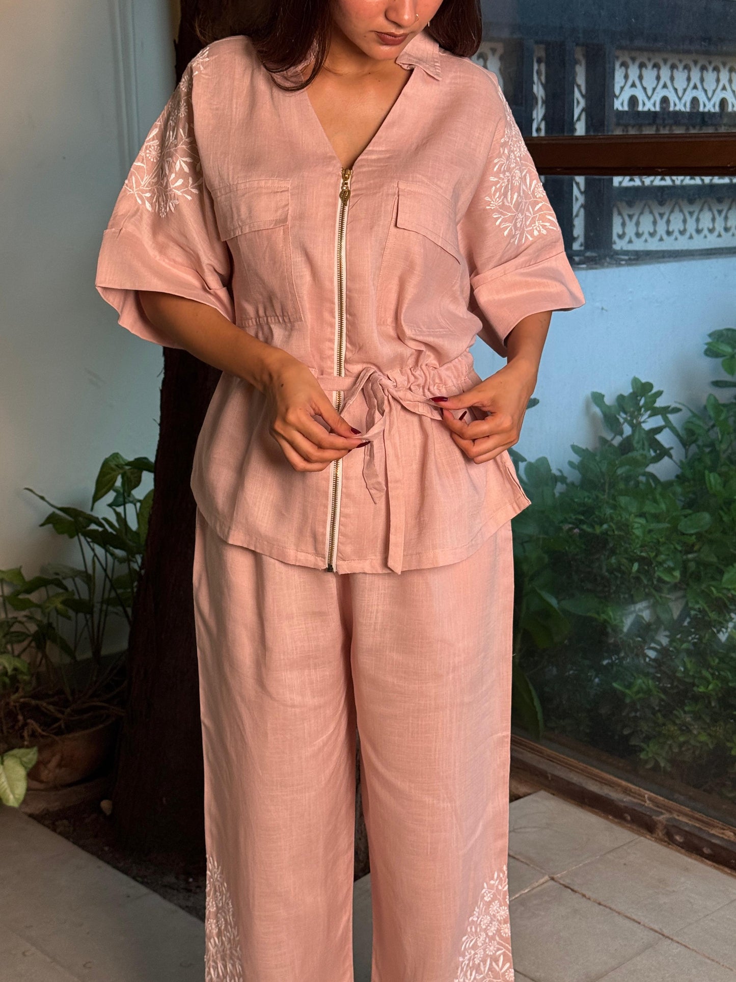 Linen Chikankari Safari Co-Ord Set