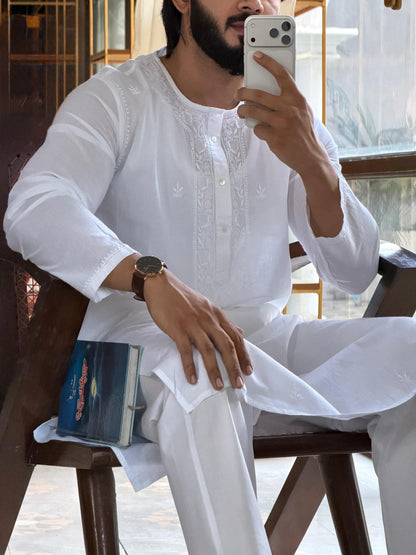 White Fine Chikankari Men's Cotton Kurta