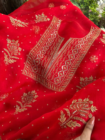 Red Noor Organza Silk Chikankari Unstitched Kurta Dupatta Set