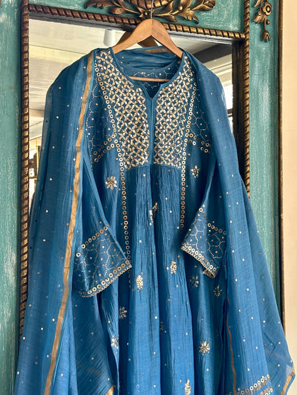 Blue Shade Mukaish Mul Chanderi Silk Dress