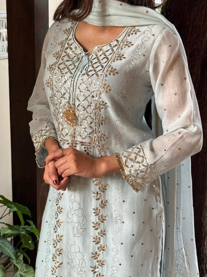 Ice Blue Mukaish Mul Chanderi Silk Ready To Wear Dress