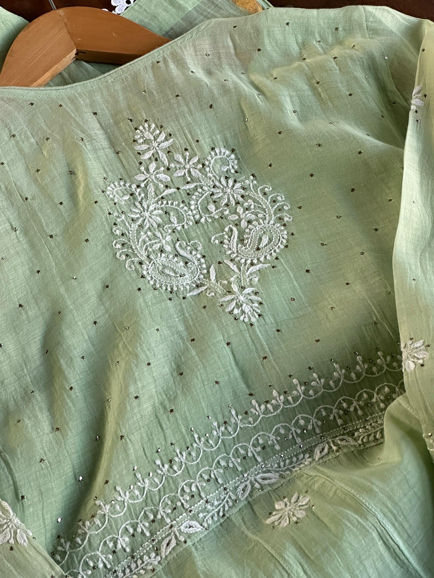 Mint Green Shade Malmal Mukaish Kamdani Chikankari Kalidar Angarkha