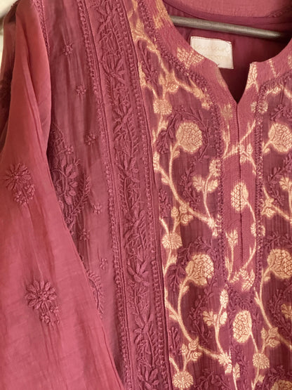 Maroon Zari Chanderi Chikankari A Line Kurta with Slip