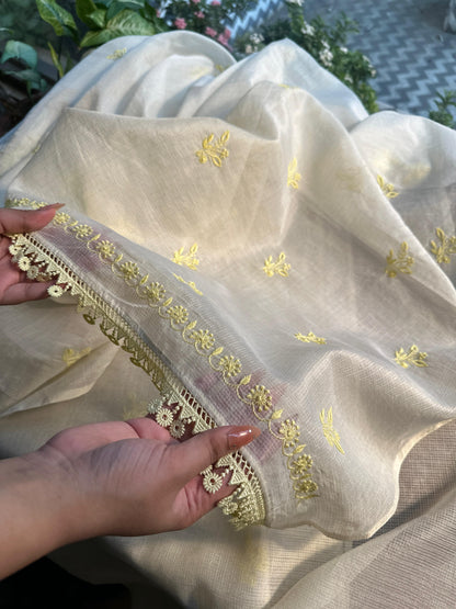 White & Lemon Kota Chikankari Unstitched Fabric