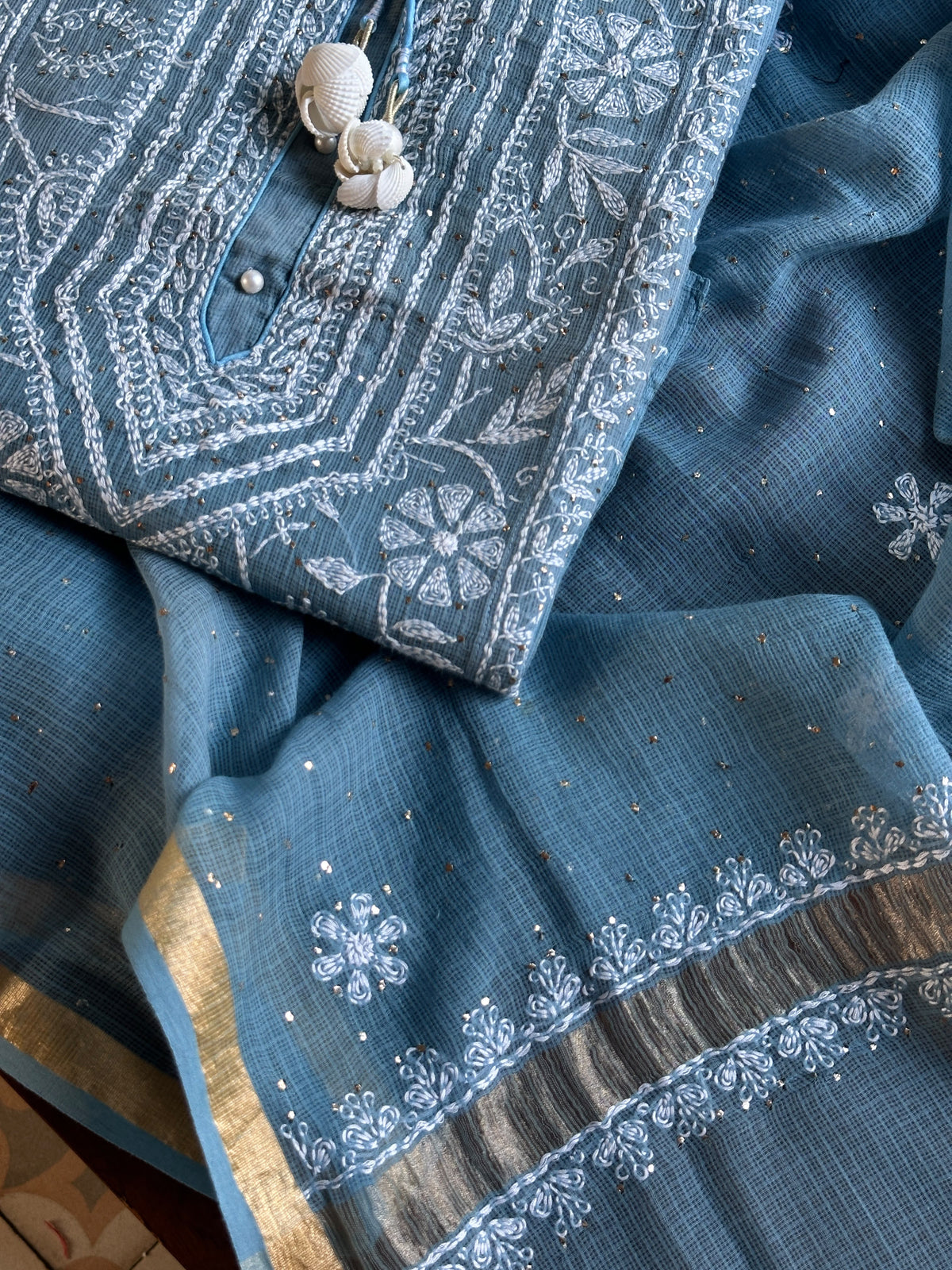 Blue Shade Semi Stitched Kota Tepchi Chikankari Kurta Dupatta Set