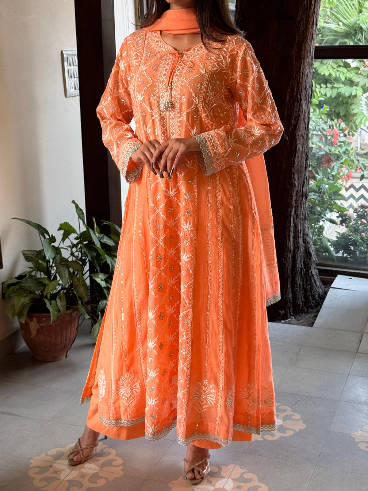 Coral Orange Malmal Pearl Work Chikankari A Line Kalidar Kurta With Dupatta