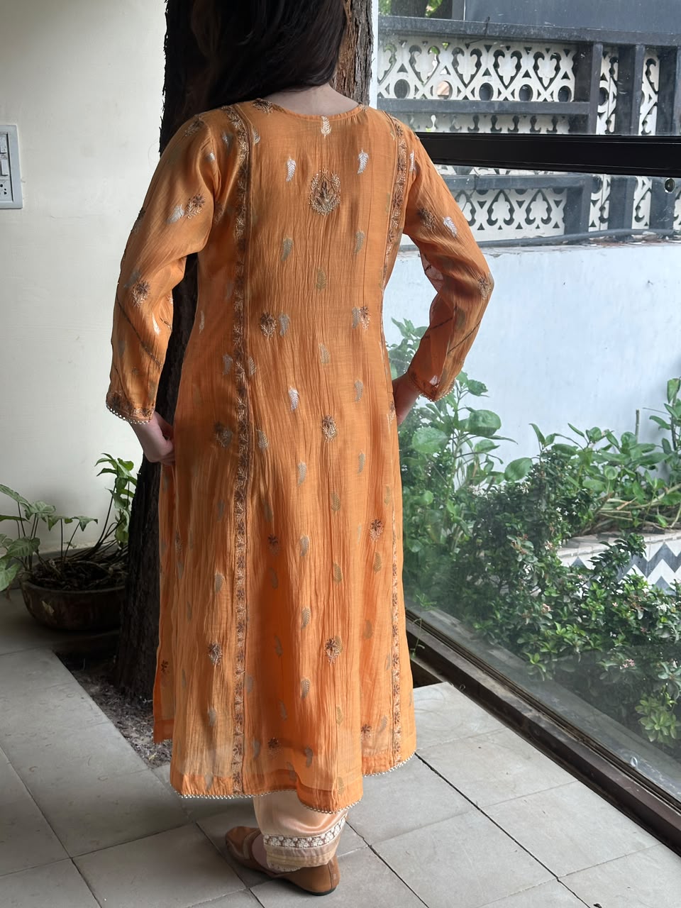 Orange Zari Chanderi Chikankari Ready to Wear Tunics