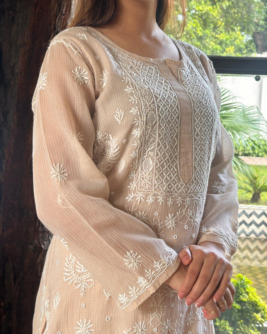 Beige Sequinned Chikankari Kota Kurta