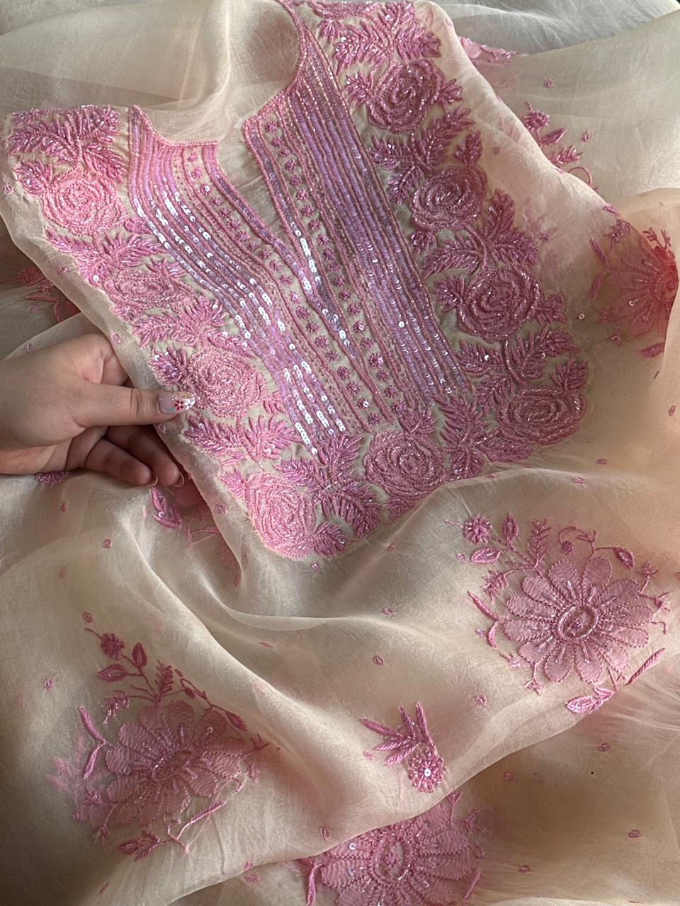 Ivory Shade Noor Organza Silk Chikankari Unstitched Kurta Dupatta Set