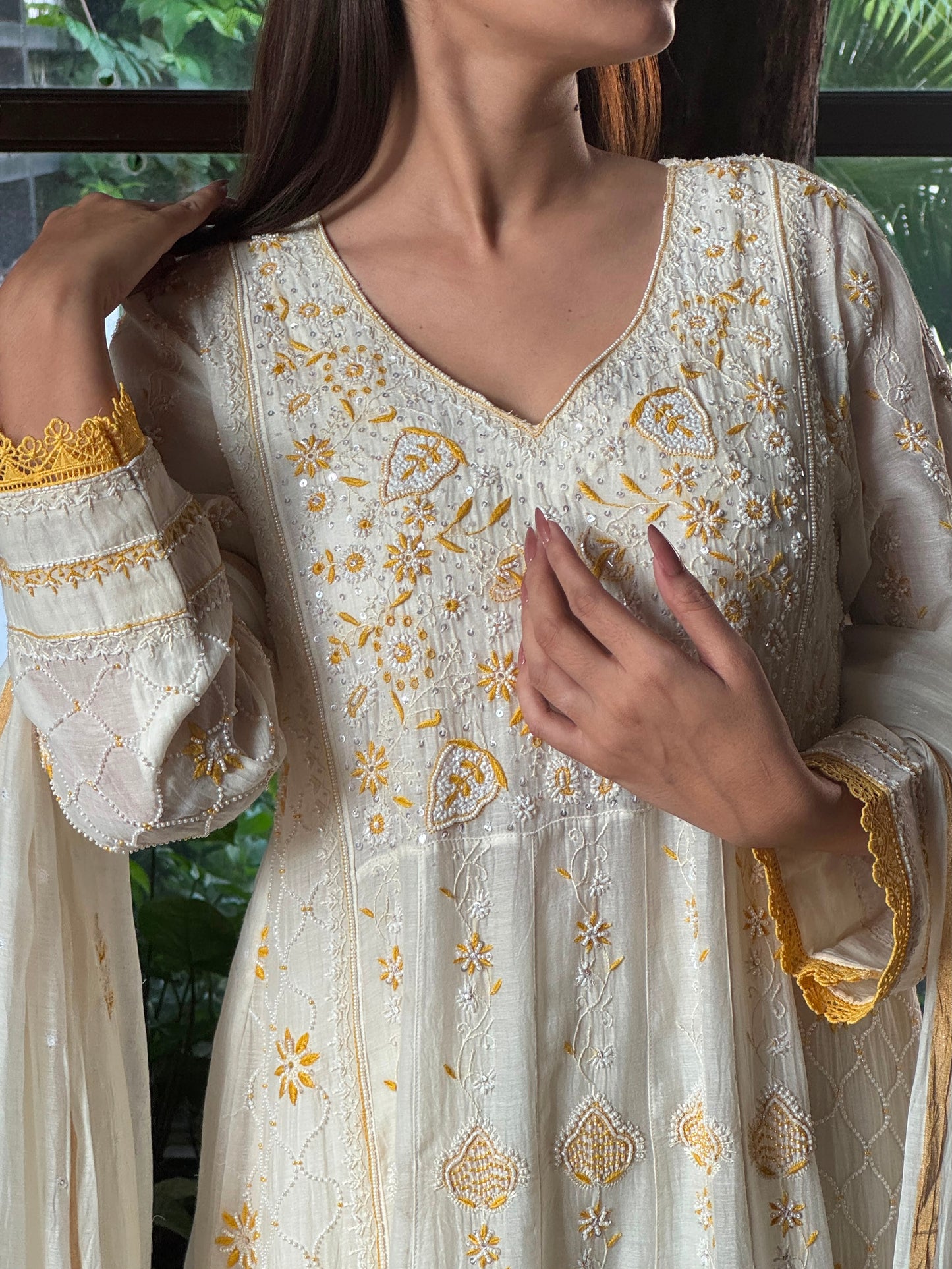Off White & Yellow Malmal Pearl Work Chikankari Kalidar Kurta Set