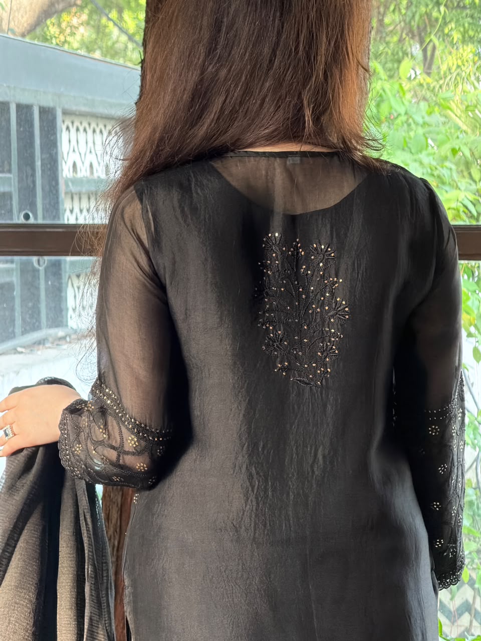 Black Kosha Mukaish Kamdani Noor Organza Chikankari Kurta Set