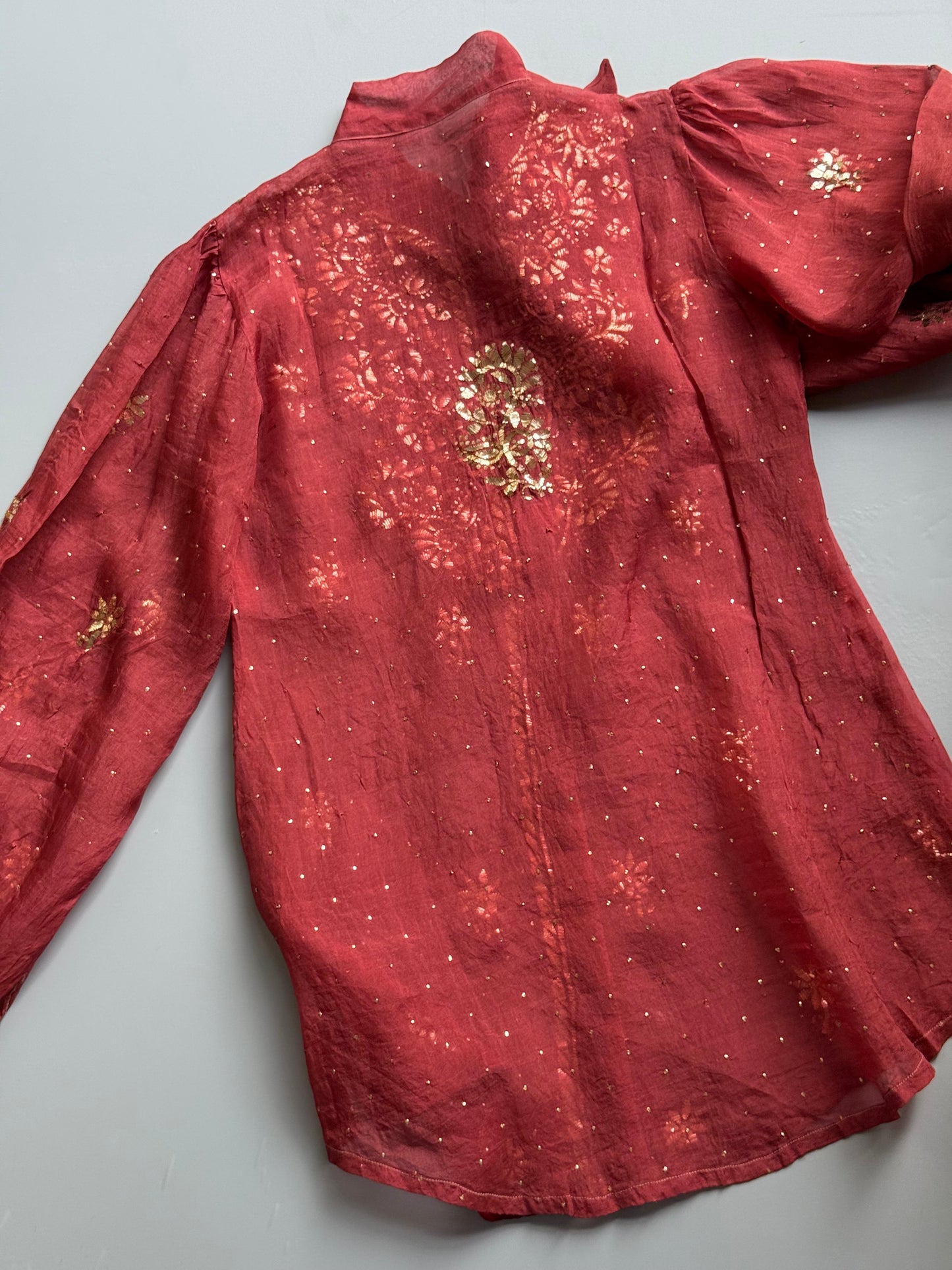 Brick Red Noor Organza Mukaish Badla Short Top With Bow Tie