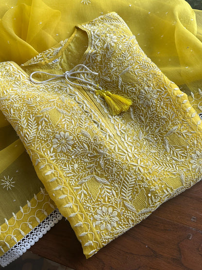 Yellow Noor Organza Silk Chikankari Straight Cut Kurta Dupatta Set