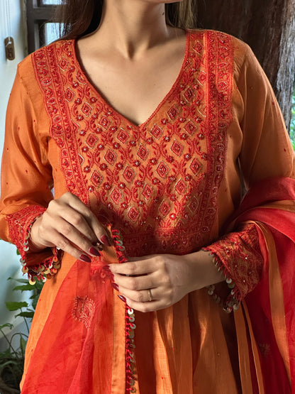 Rust Orange Sico (Silk Cotton) Chikankari Tux Kurta Set