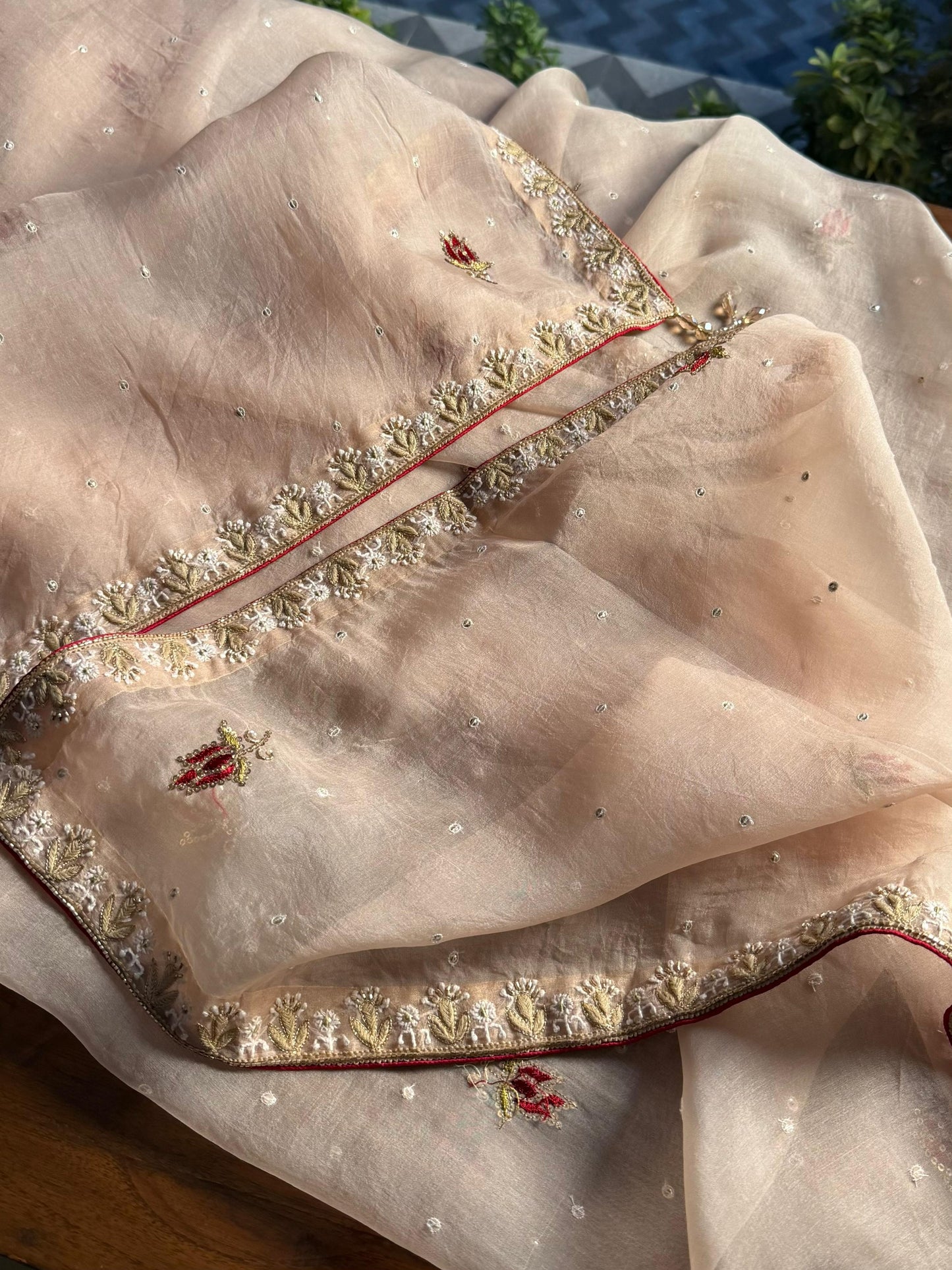 Natural Paper Tussar Resham Chikankari Unstitched Fabric Kurta Dupatta Set