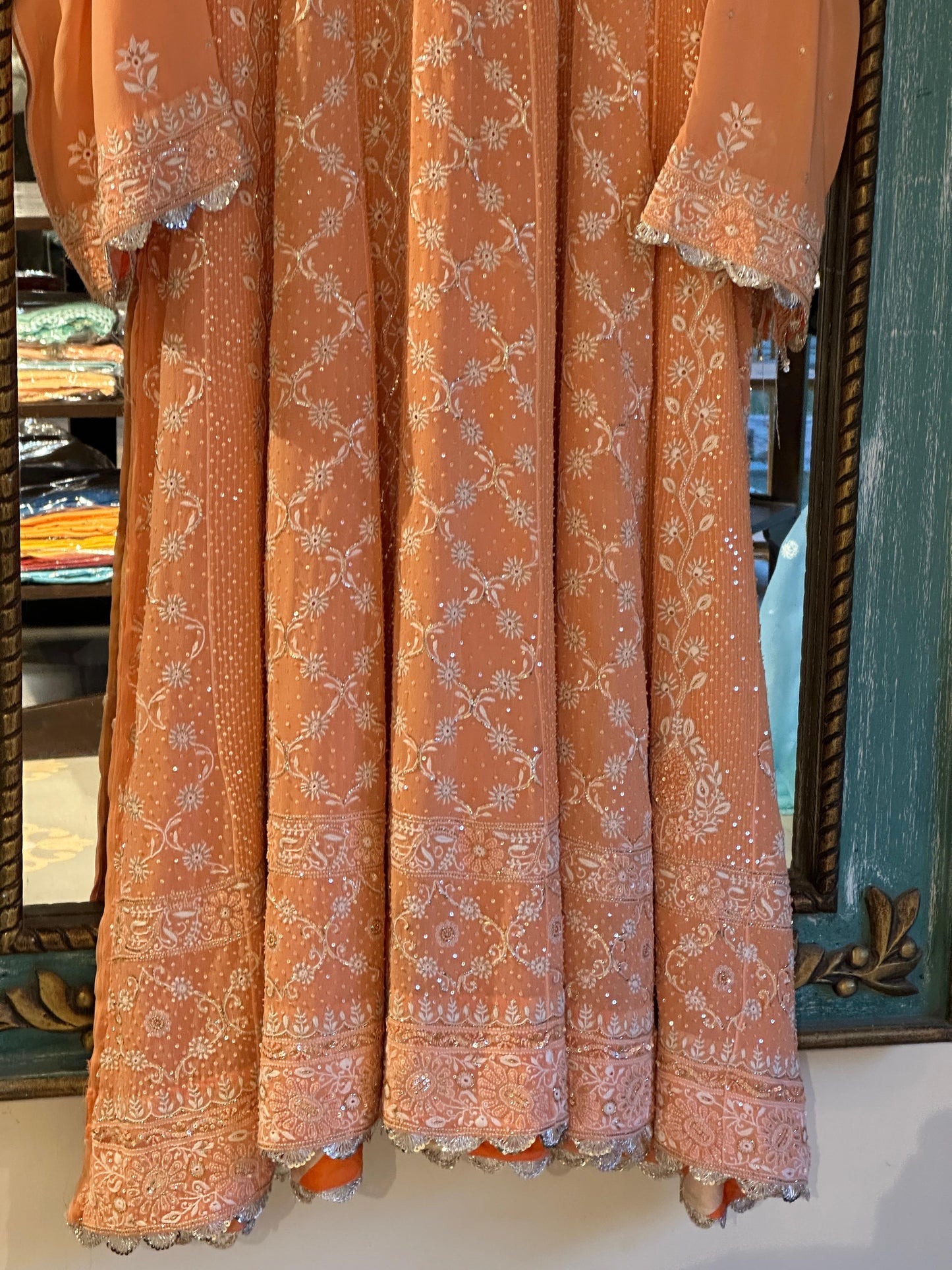 SAFFRON PEACH TUKDI CHIKANKARI ANARKALI