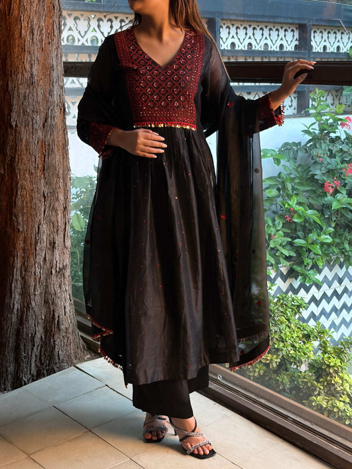 Black Sico (Silk Cotton) Chikankari Tux Kurta Set