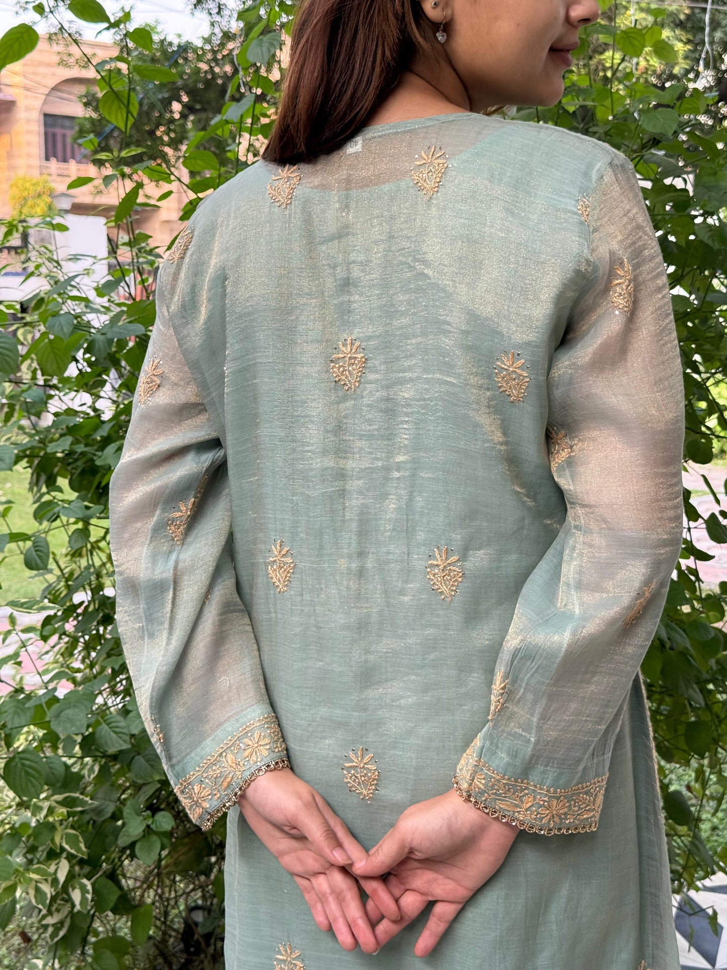 Cement Shade Tissue Silk Chikankari Straight Cut Kurta Dupatta Set