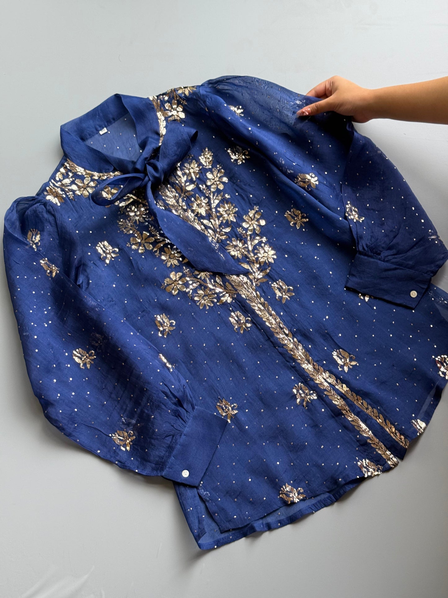 Blue Noor Organza Mukaish Badla Short Top With Bow Tie