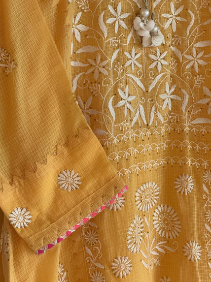 Mustard Yellow Shade Kota Applique Chikankari Kurta Dupatta Set