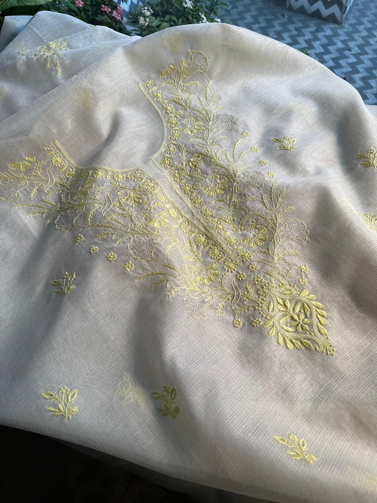 White & Lemon Kota Chikankari Unstitched Fabric