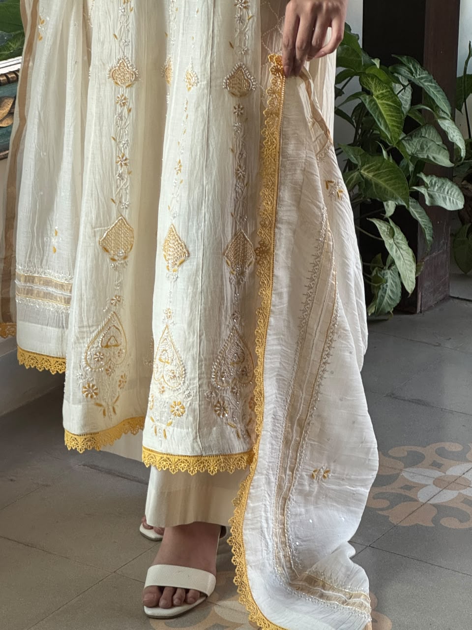 Off White & Yellow Malmal Pearl Work Chikankari Kalidar Kurta Set