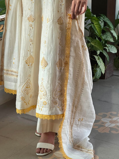 Off White & Yellow Malmal Pearl Work Chikankari Kalidar Kurta Set