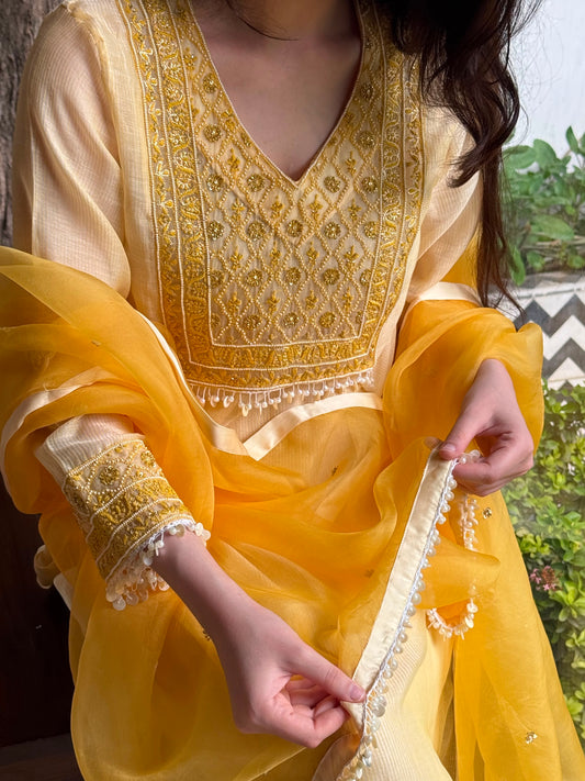 Butter Yellow Maheshwari Chikankari Kalidar Kurta Set