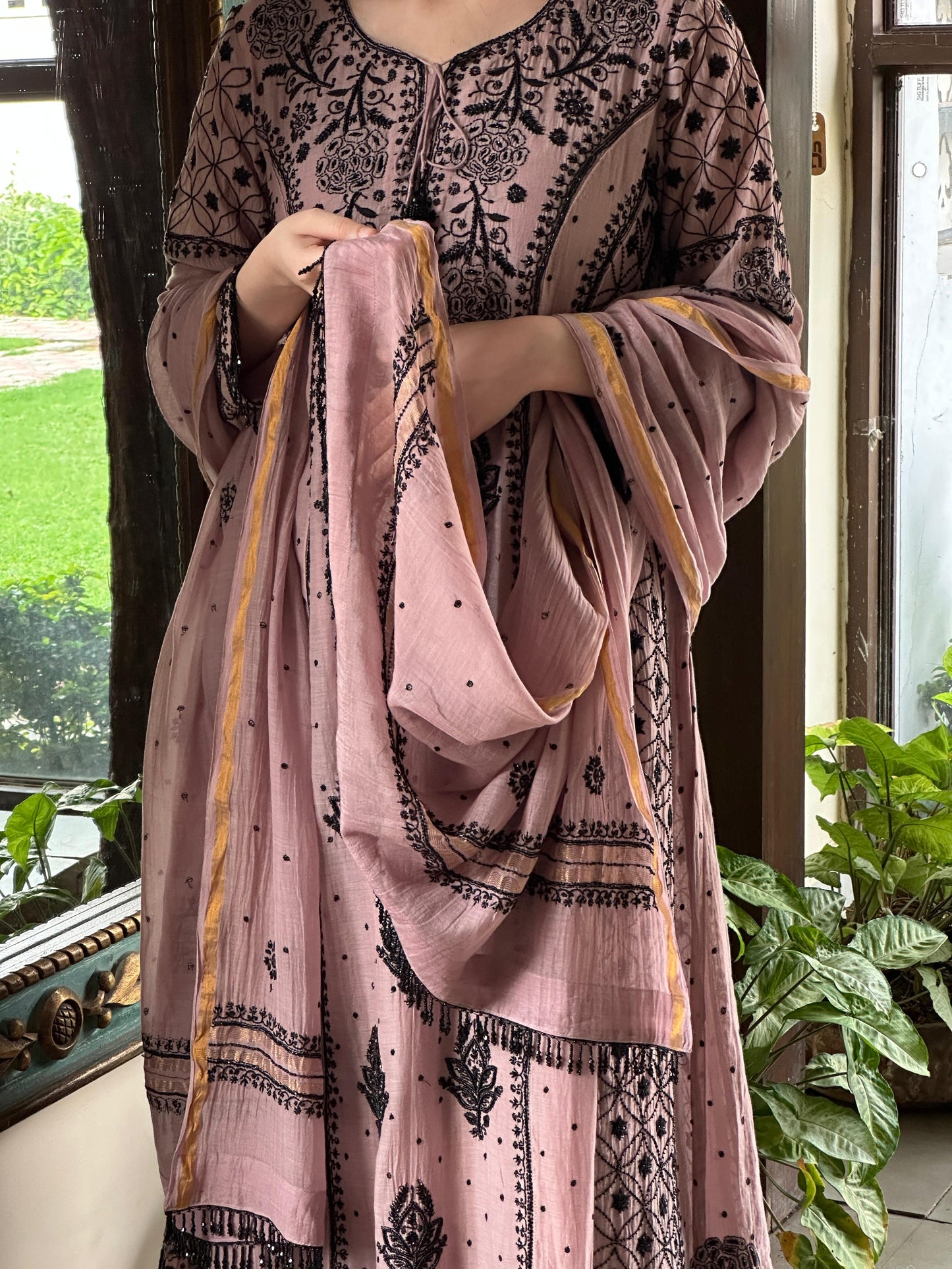 Plum Black Shade Malmal Pearl Work Chikankari Anarkali