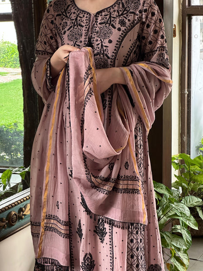 Plum Black Shade Malmal Pearl Work Chikankari Anarkali