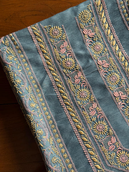 Blue Shade Moonga Silk Chikankari Men’s Kurta Fabric