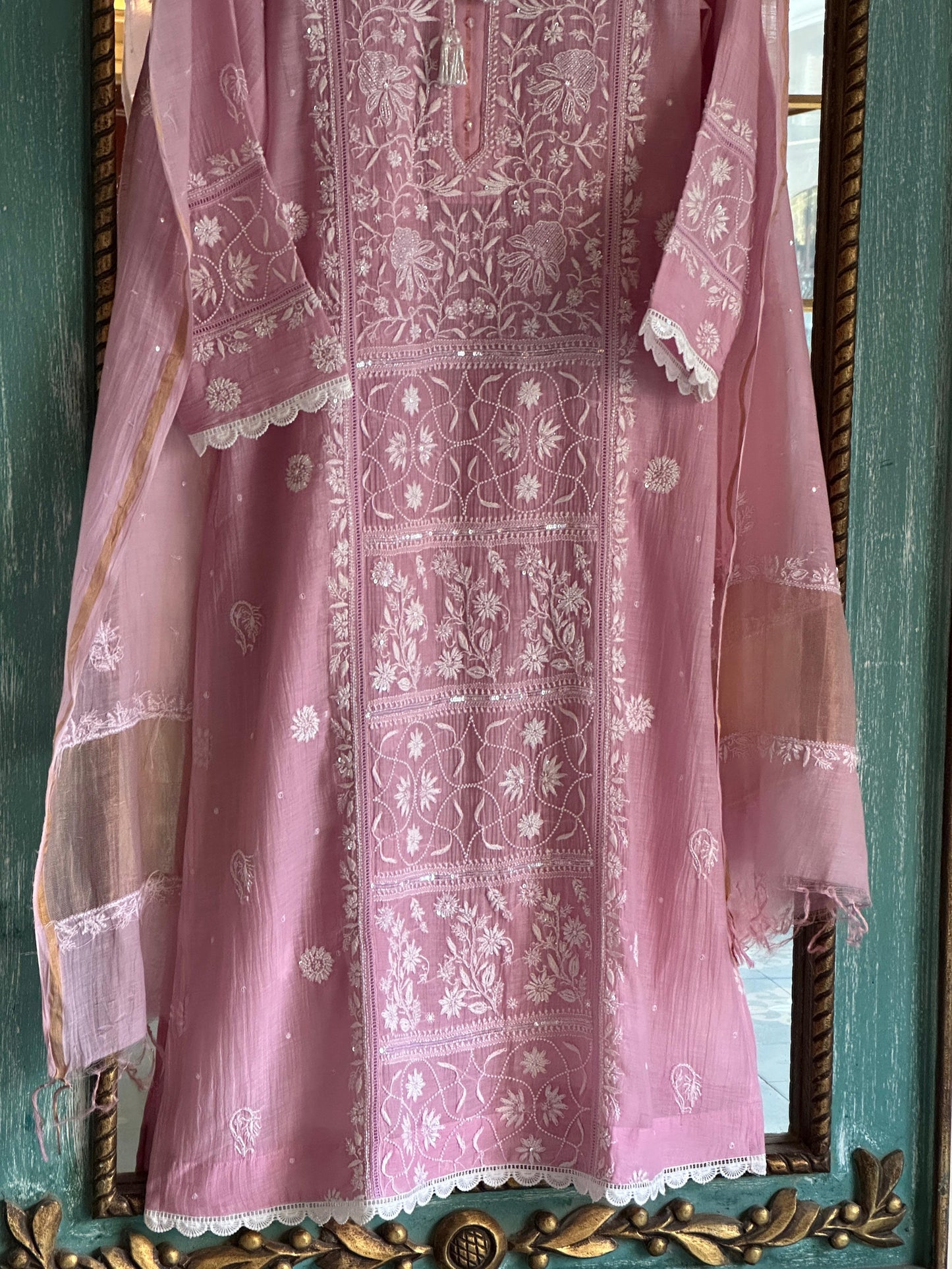 Pastel Pink Shade Malmal Pearl Work Chikankari Kurta With Dupatta
