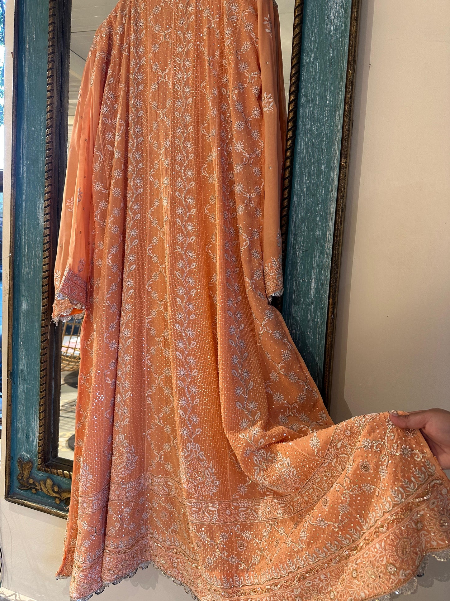 SAFFRON PEACH TUKDI CHIKANKARI ANARKALI