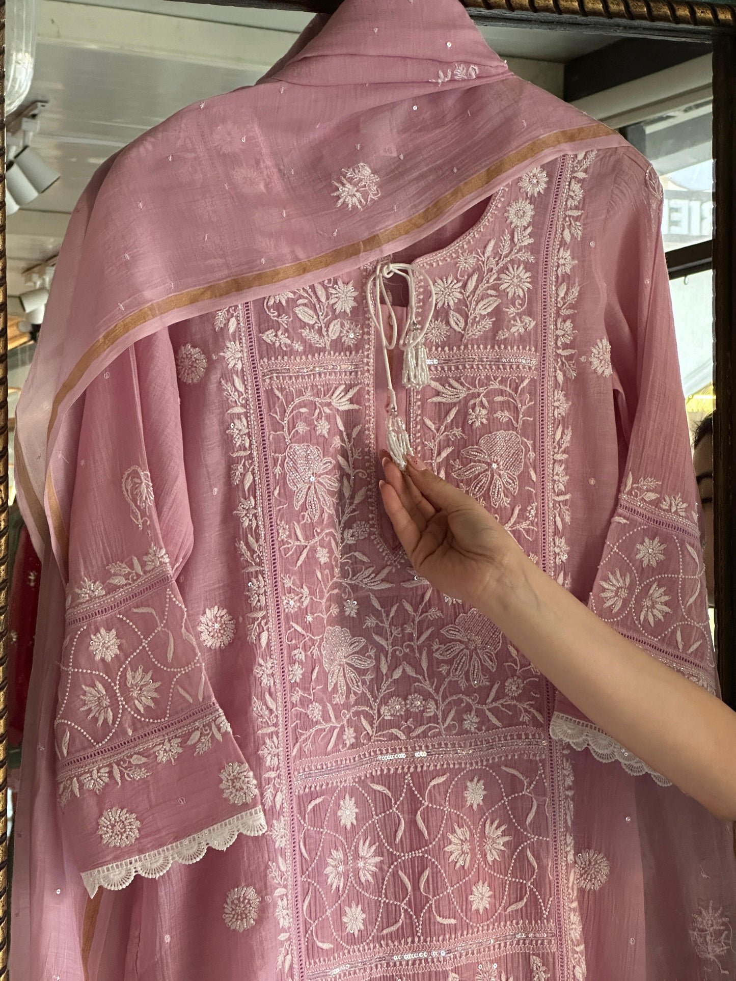 Pastel Pink Shade Malmal Pearl Work Chikankari Kurta With Dupatta