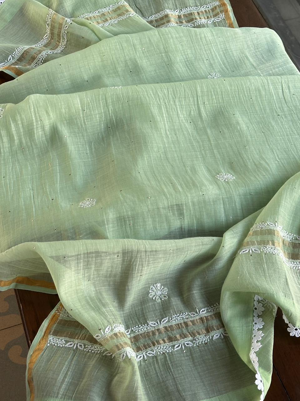 Mint Green Shade Malmal Mukaish Kamdani Chikankari Kalidar Angarkha
